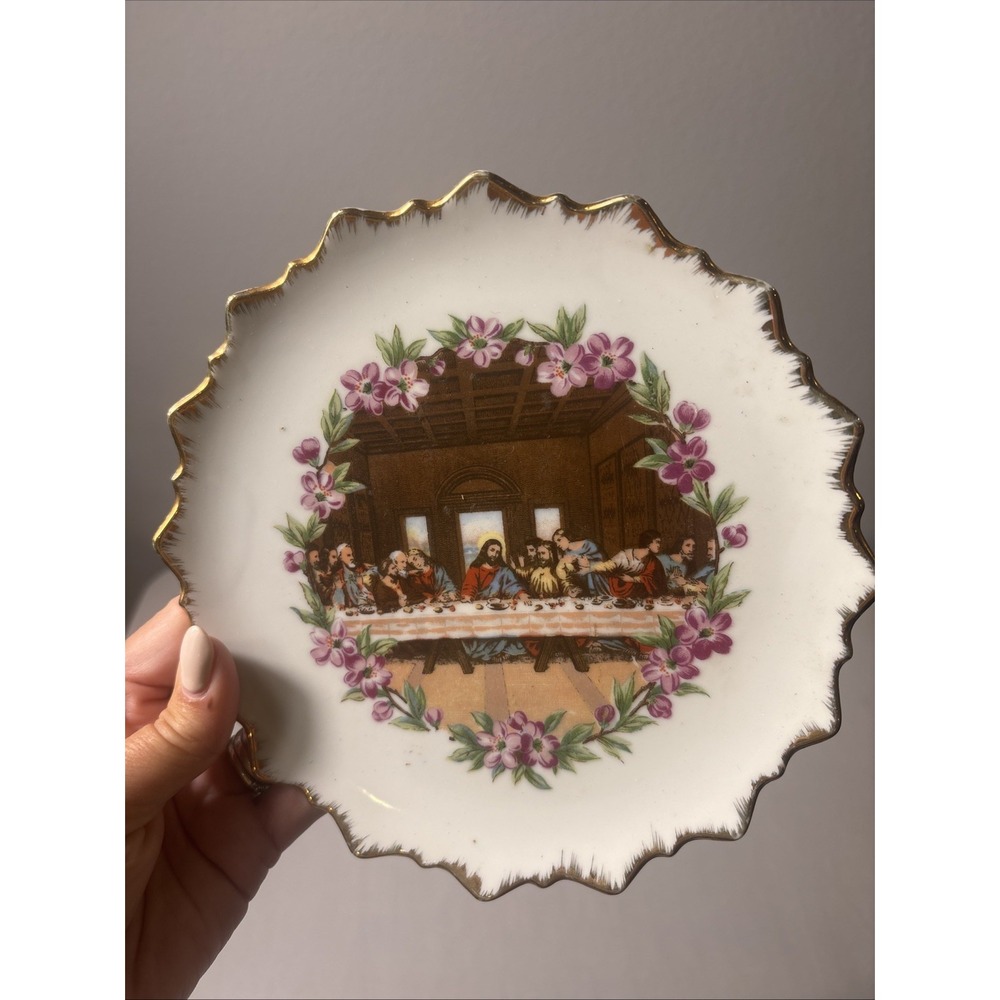 Vintage Gold Trim Flowers Lords Last Supper Collectors Plate Japan Wall Hanger